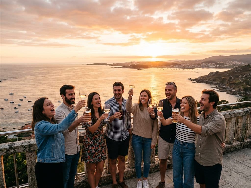 Grupo de amigos disfrutando de una despedida de soltero en Sanxenxo