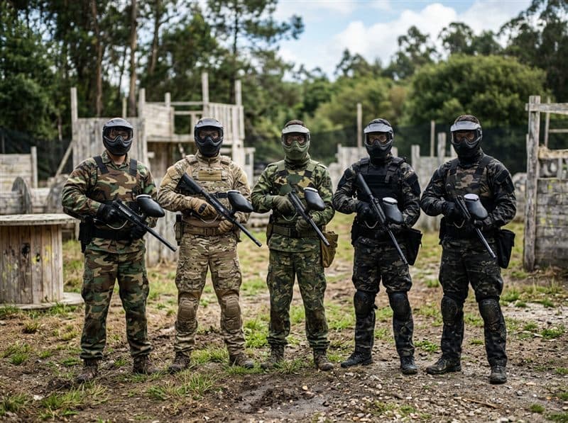 Pack disparando paintball para despedida de soltero en Sanxenxo
